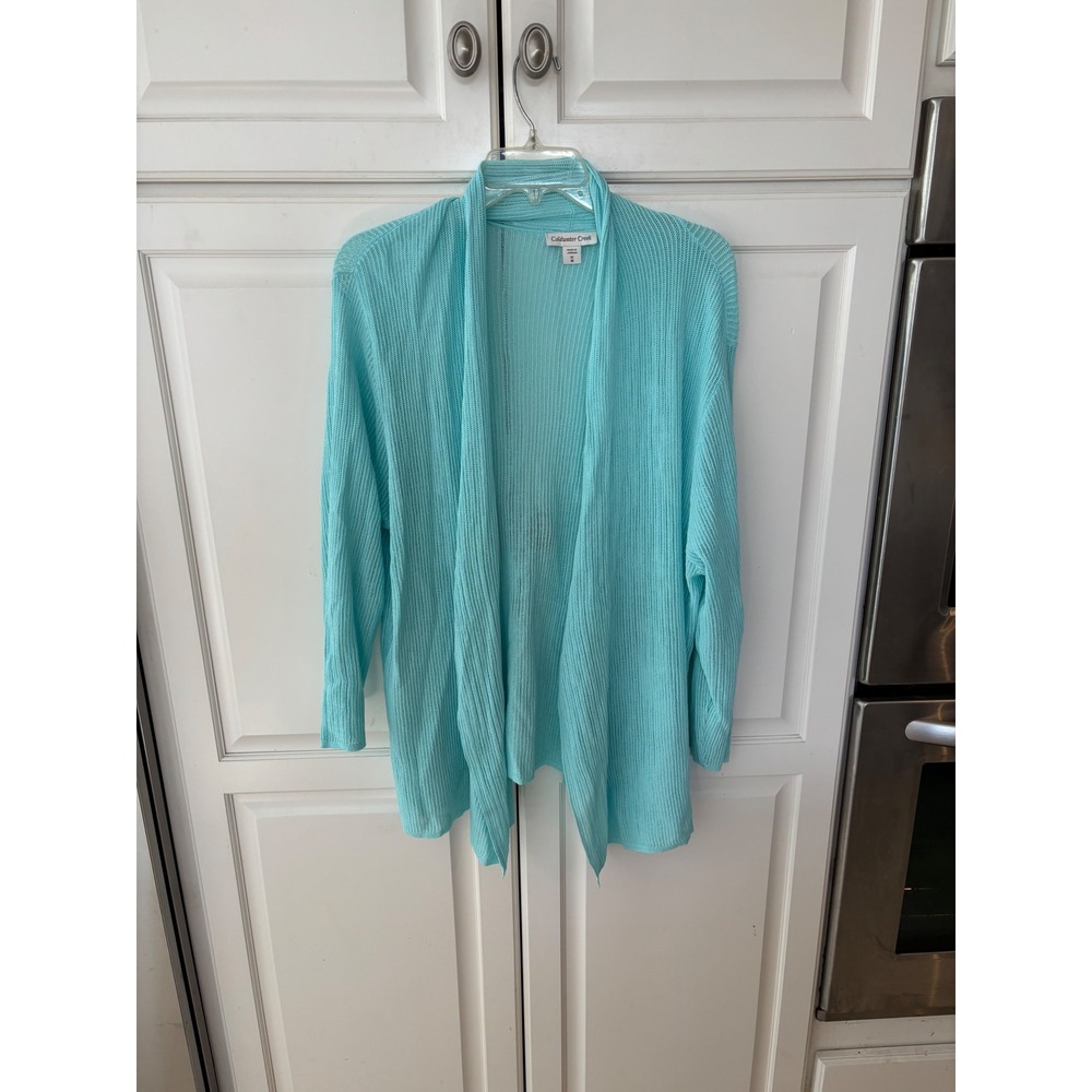 Coldwater Creek Aqua Blue Pointelle Mesh Open Front Cardigan Sweater Plus 1X 18